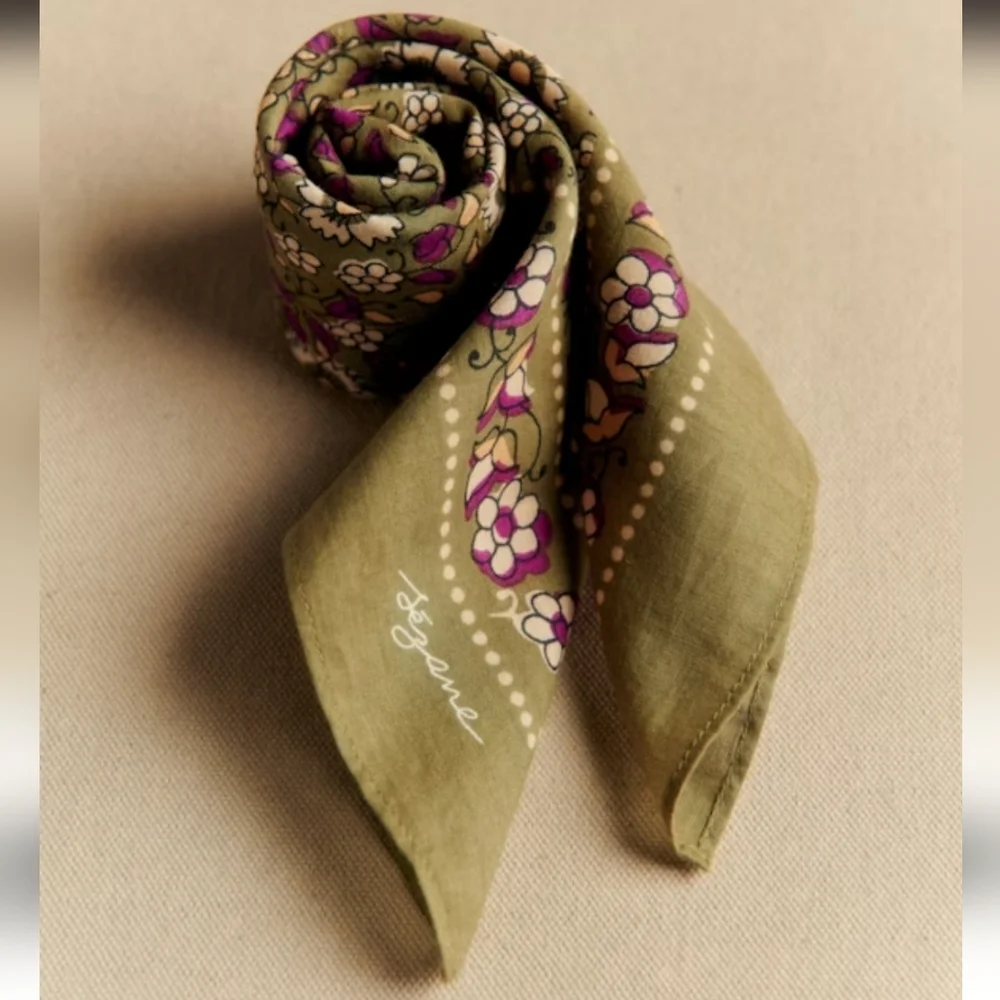 Sezane Olive Green and Magenta Floral Silk Scarf